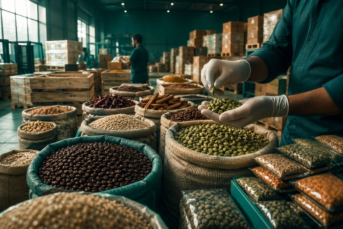 Quality check of sacks of grains, pulses and spices at a sourcing facility