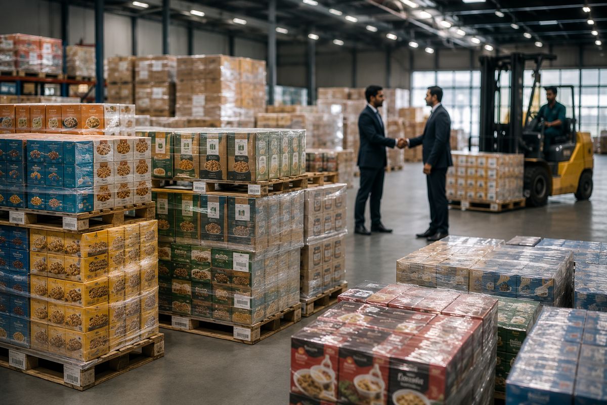 Trade partners shaking hands in a warehouse stocked with palletised goods