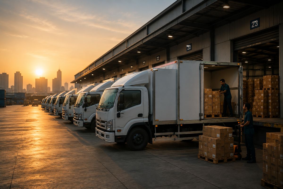 Delivery trucks being loaded at a distribution centre loading bay