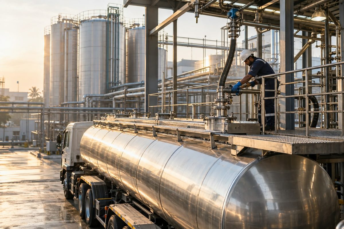 Stainless-steel bulk tanker being loaded with ENA at a distillery loading gantry